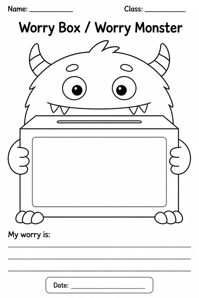 Blank printable worry monster and worry box template with space for students to write or draw their worries, Kindergarten to Grade 5