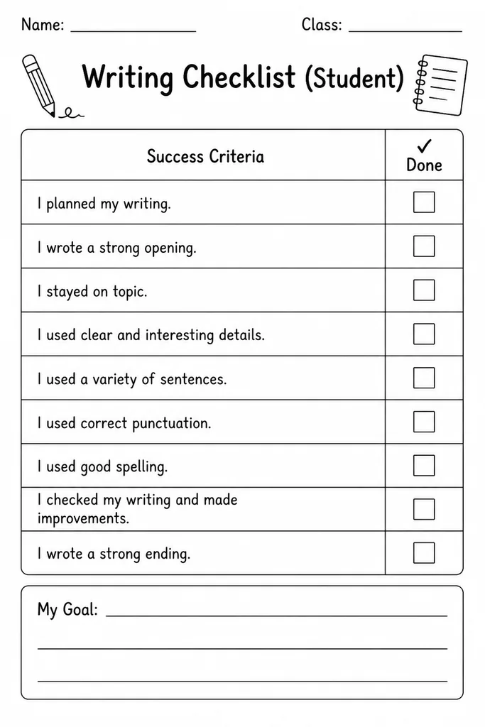 Free printable student writing checklist template with blank tick-box rows for co-constructed success criteria, suitable for grades 1 to 8