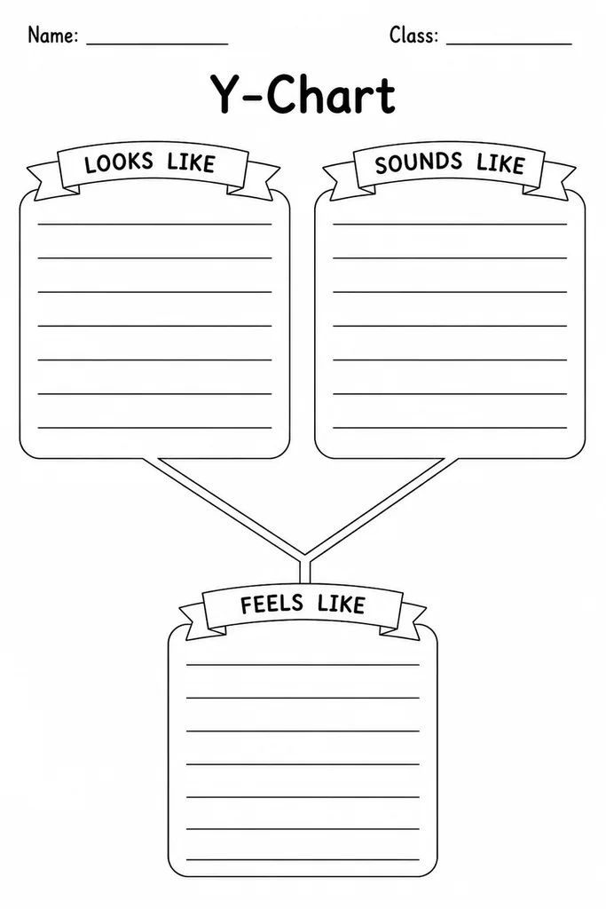 Blank Y-Chart printable graphic organizer divided into three sections: Looks Like, Sounds Like, and Feels Like