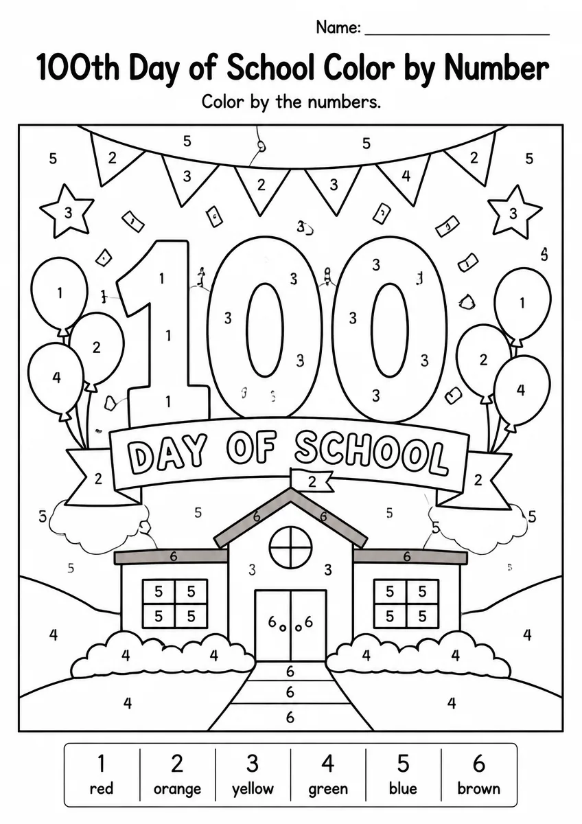 100th Day of School color by number worksheet for Grade 1