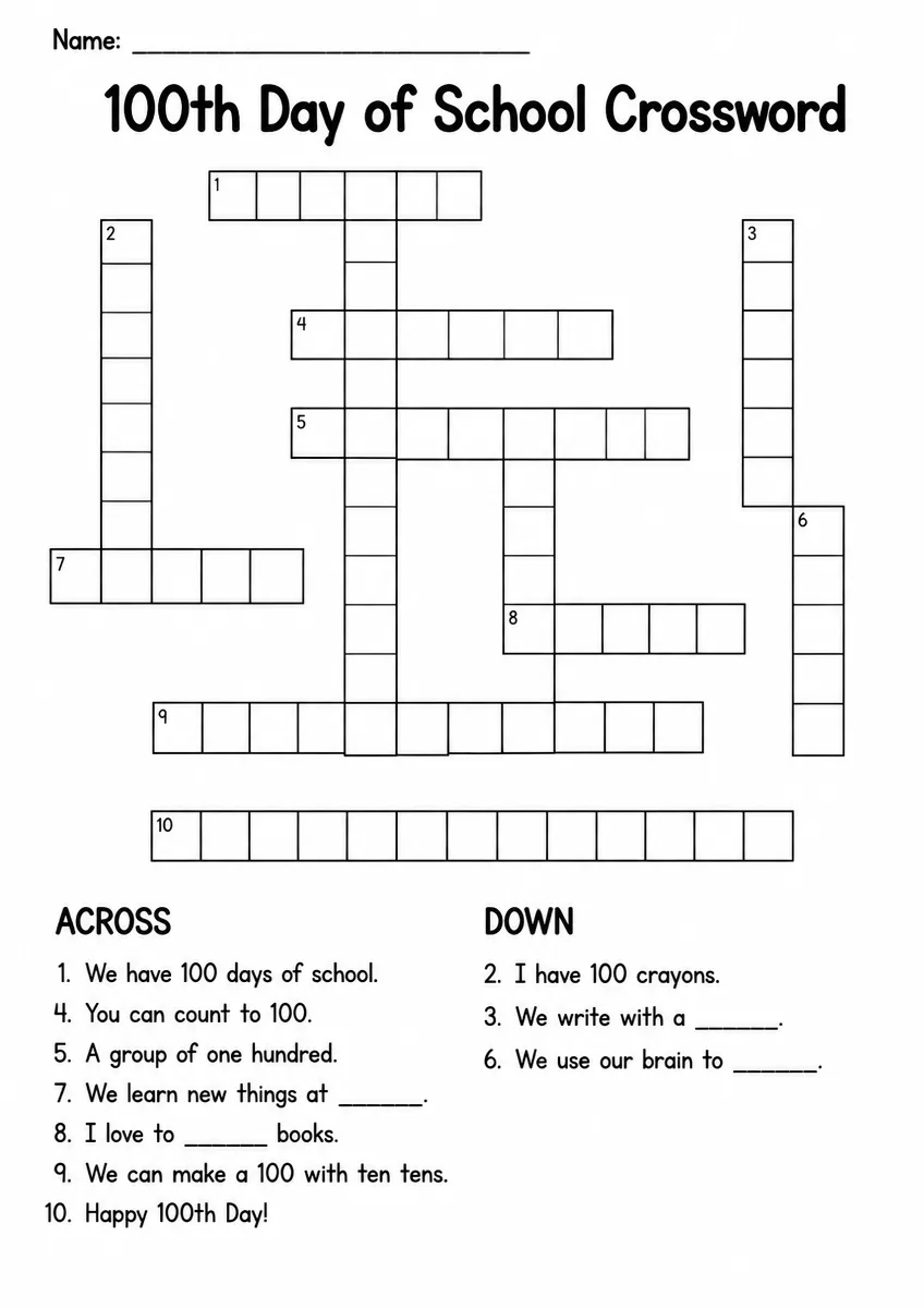 100th Day of School crossword worksheet for Grade 1