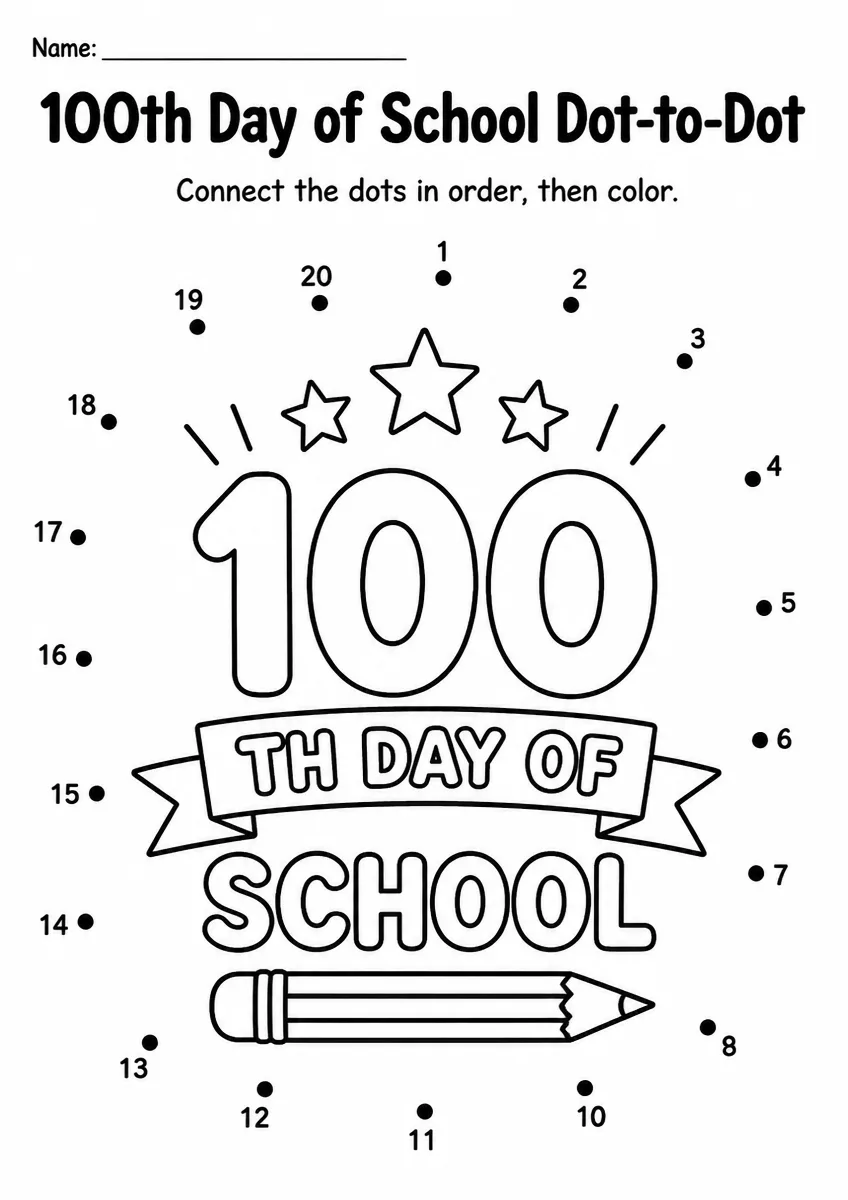 100th Day of School dot-to-dot worksheet for Grade 1