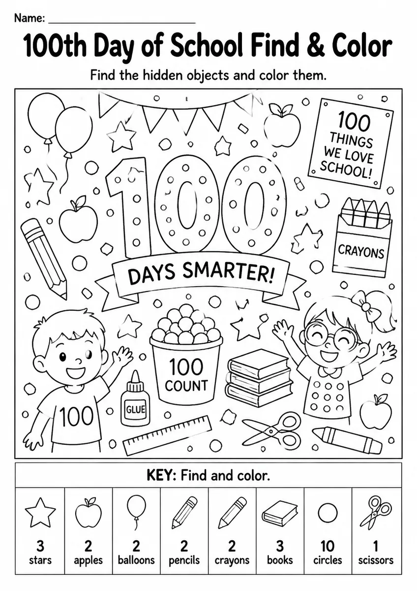 100th Day of School find & color worksheet for Grade 1