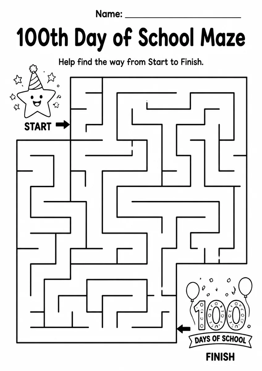 100th Day of School maze worksheet for Grade 1
