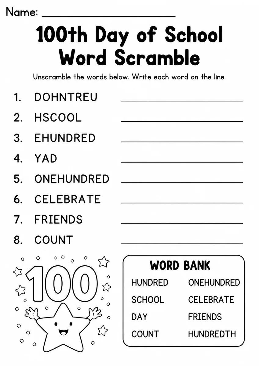 100th Day of School word scramble worksheet for Grade 1