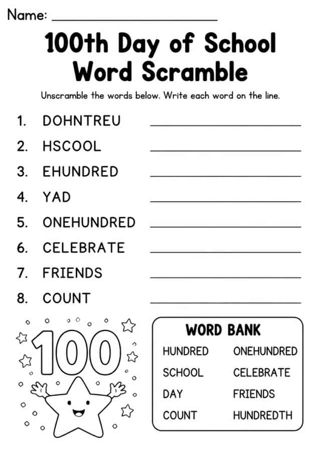 100th Day of School Word Scramble — Grade 1