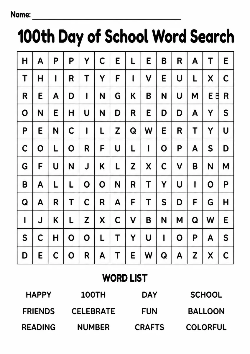 100th Day of School word search worksheet for Grade 1