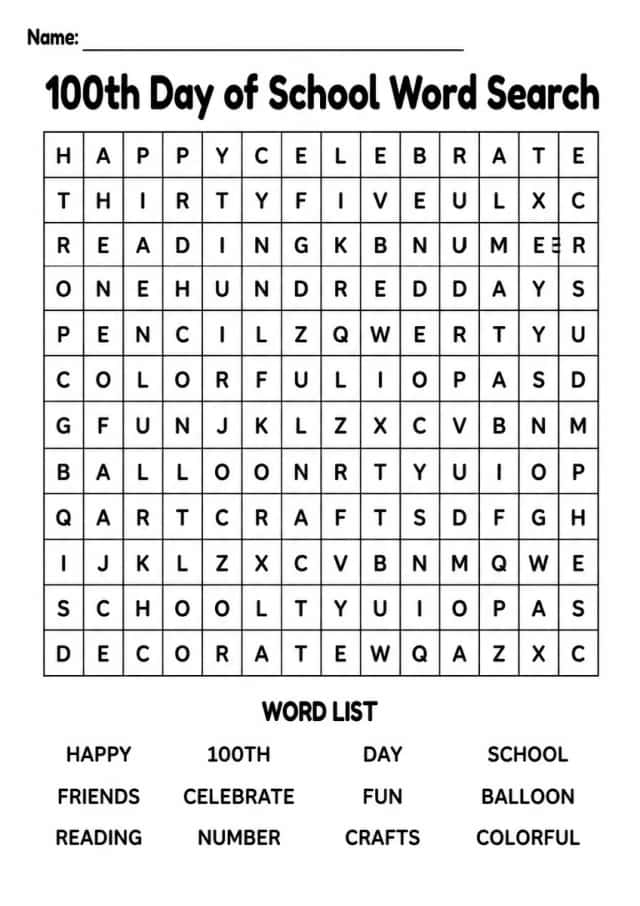 100th Day of School Word Search — Grade 1