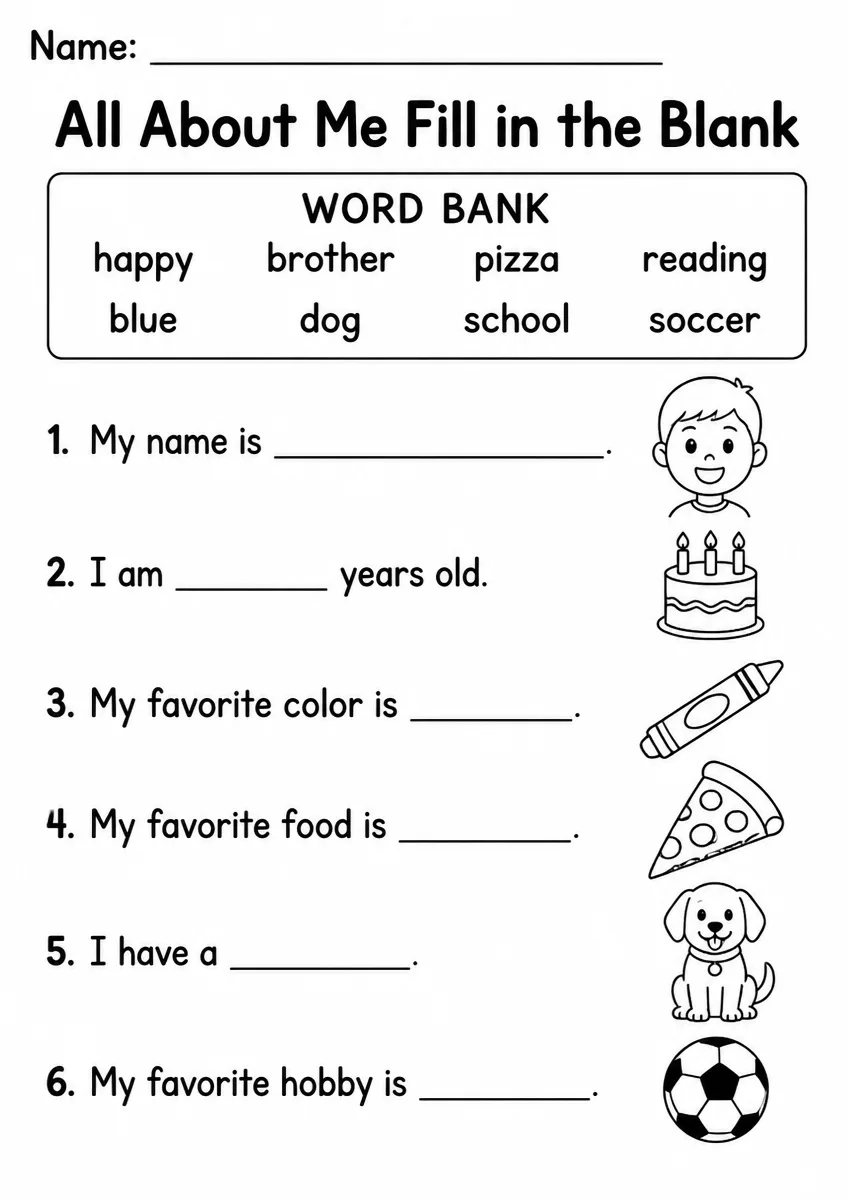 All About Me fill in the blank worksheet for Grade 2