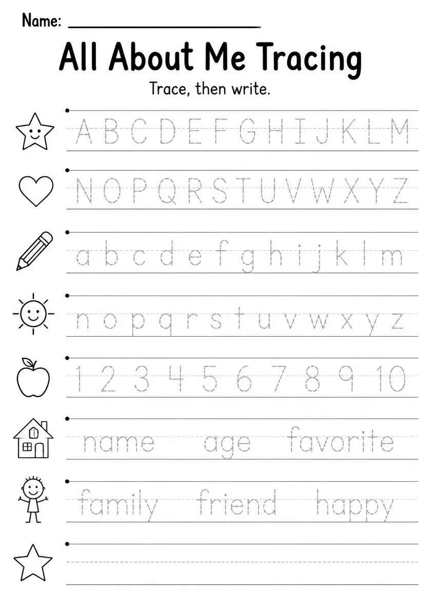 All About Me tracing worksheet for Grade 2