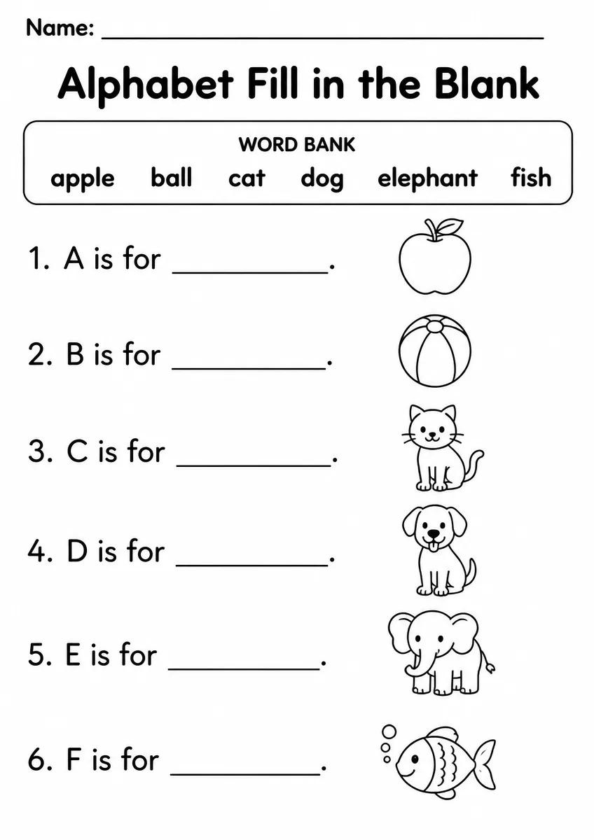 Alphabet fill in the blank worksheet for Kindergarten