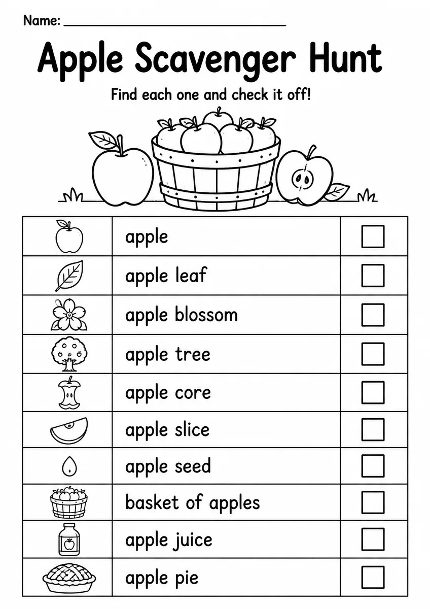 Apple scavenger hunt worksheet for Grade 3