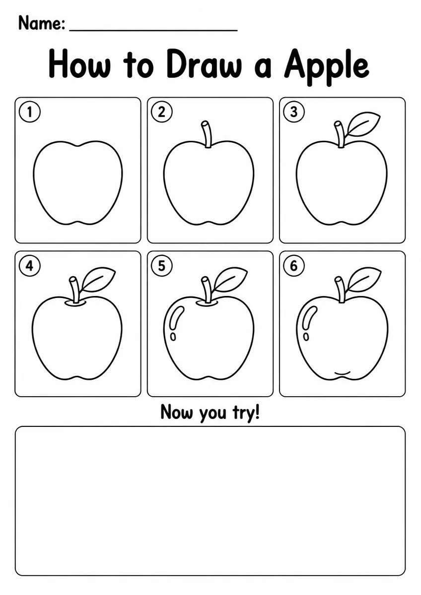 Apple step-by-step drawing worksheet for Grade 2