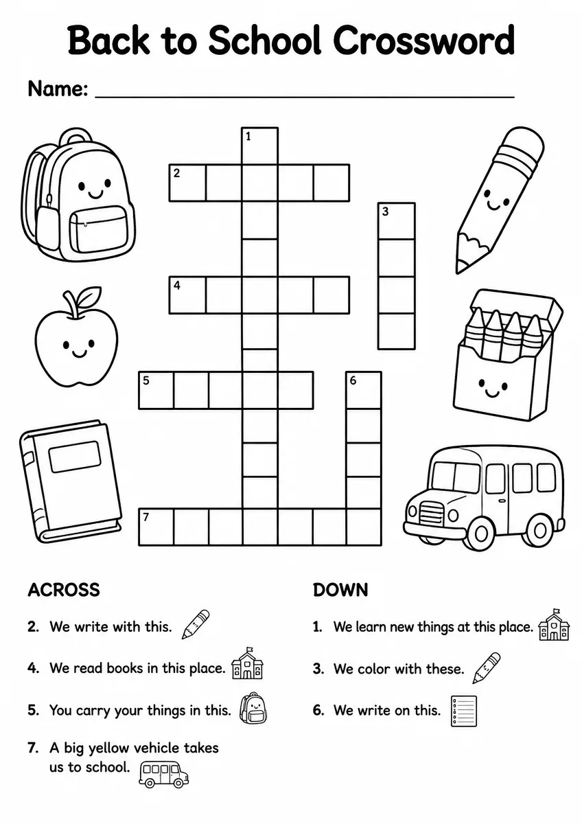 Back to School Crossword — Kindergarten
