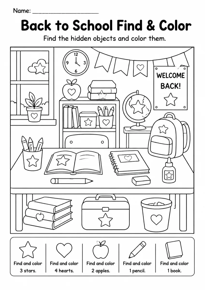 Back to School find & color worksheet for Kindergarten