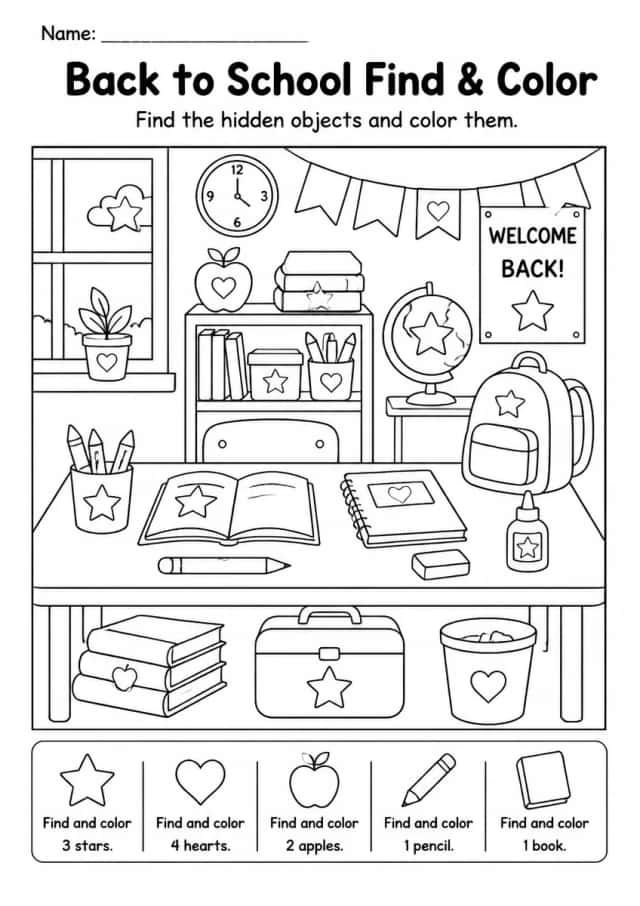 Back to School Find & Color — Kindergarten
