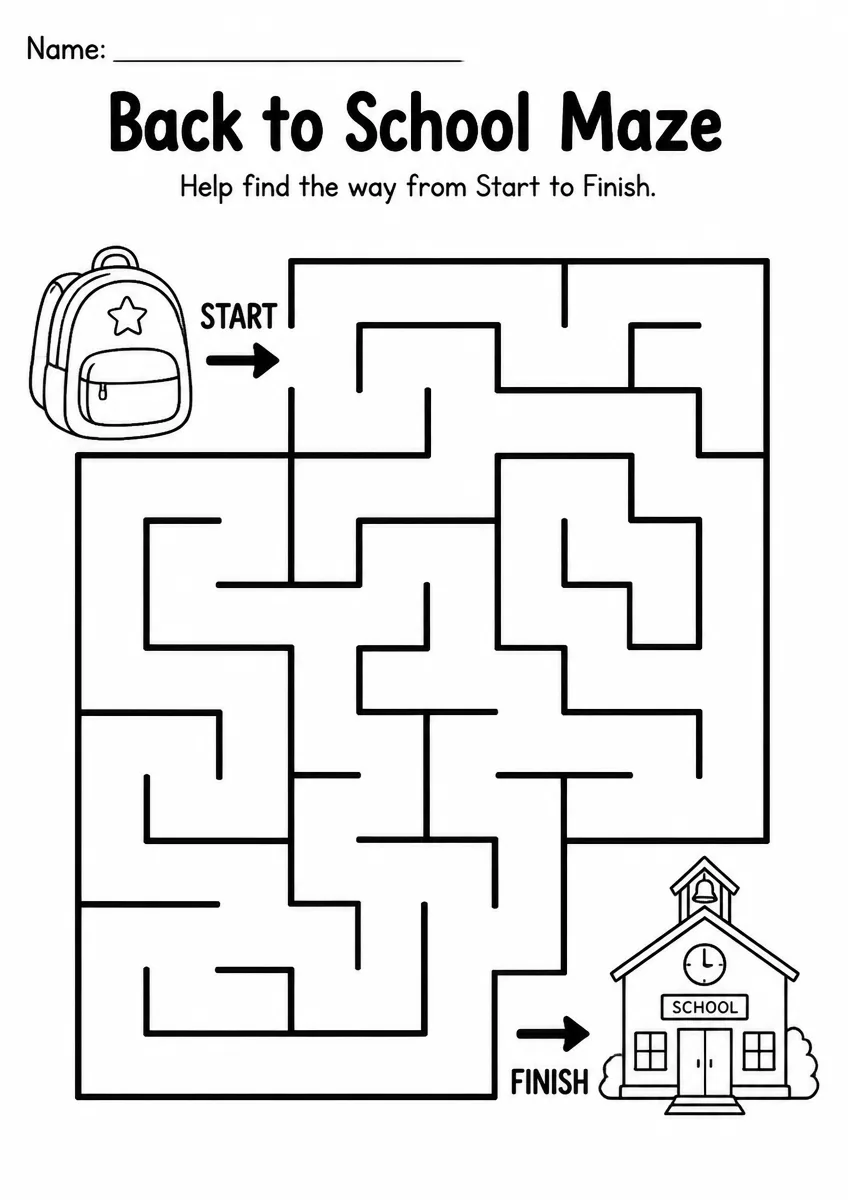 Back to School maze worksheet for Kindergarten