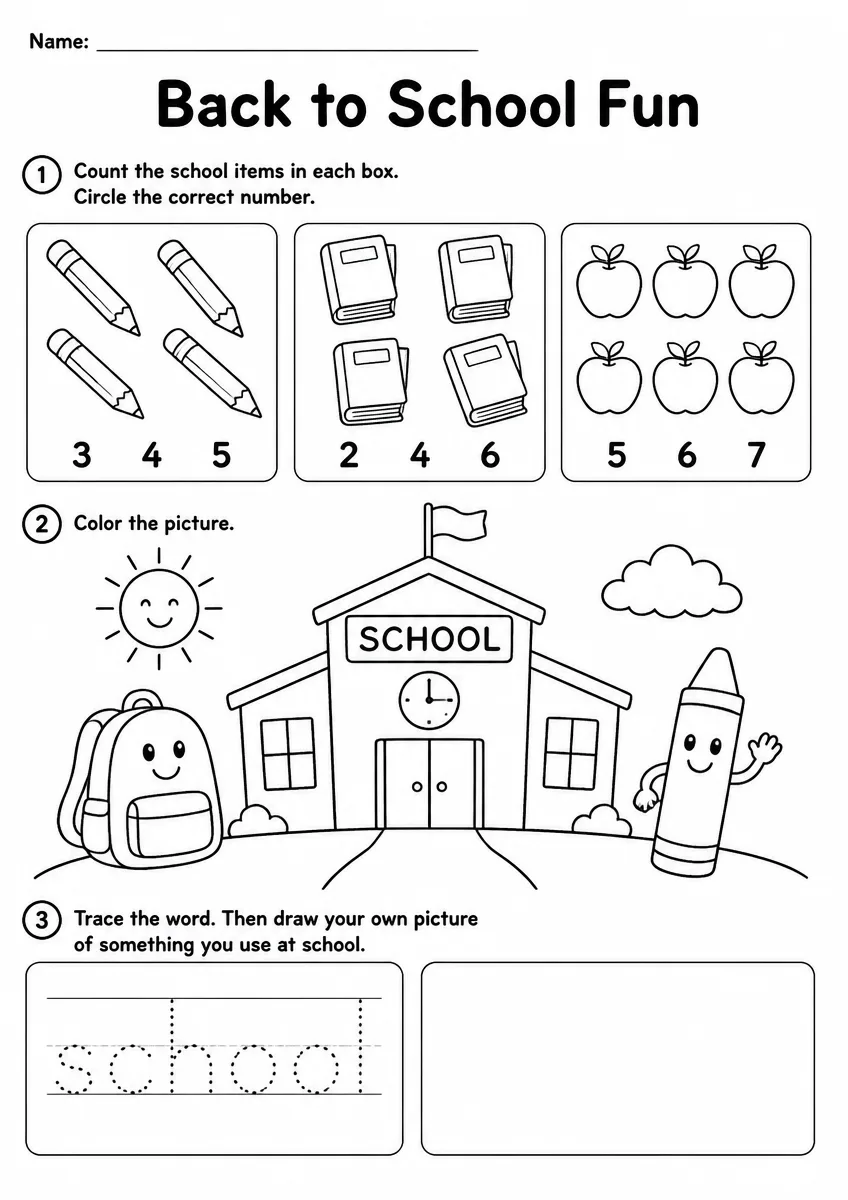 Back to School Worksheet — Kindergarten