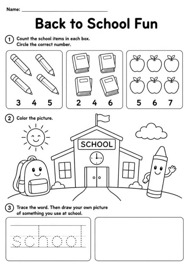 Back to School Worksheet — Kindergarten