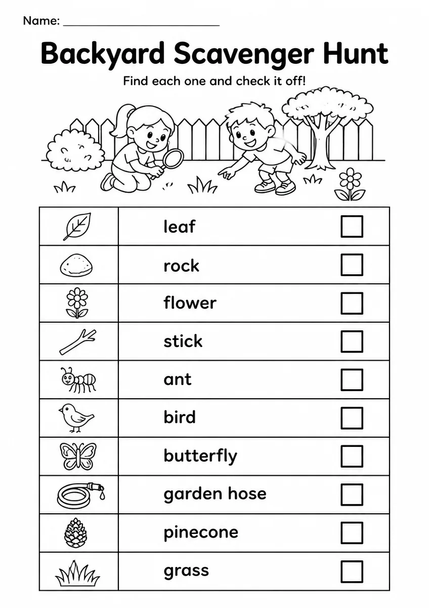 Backyard scavenger hunt worksheet for Grade 3