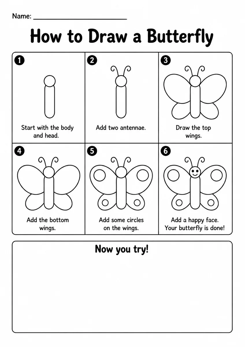Butterfly step-by-step drawing worksheet for Grade 3