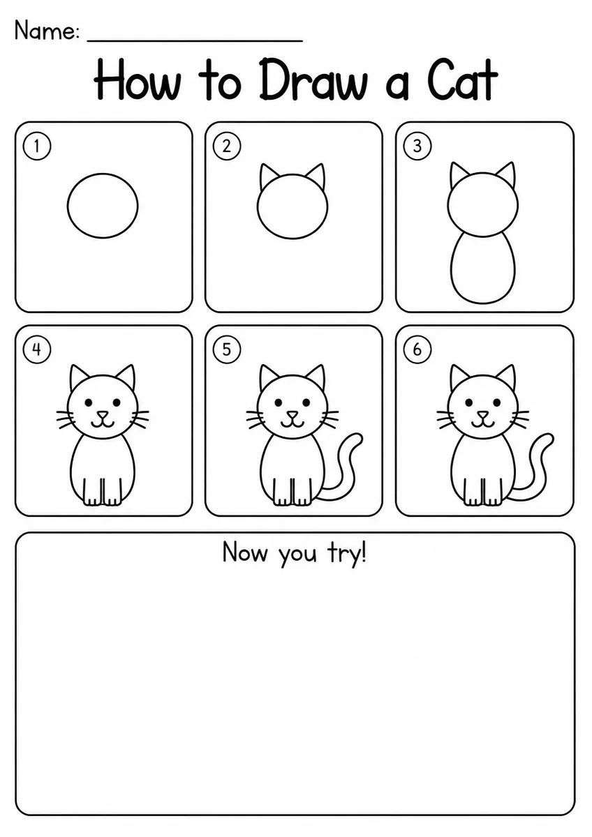 Cat step-by-step drawing worksheet for Grade 2