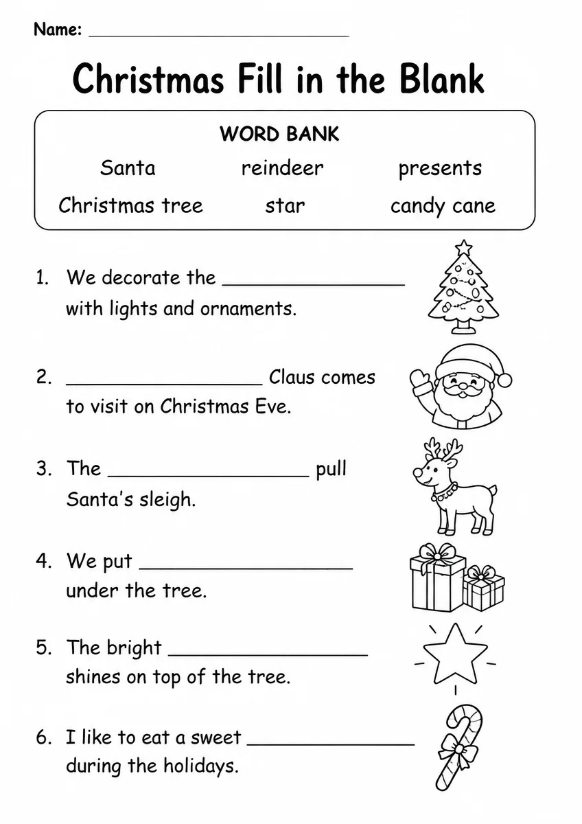 Christmas fill in the blank worksheet for Grade 2