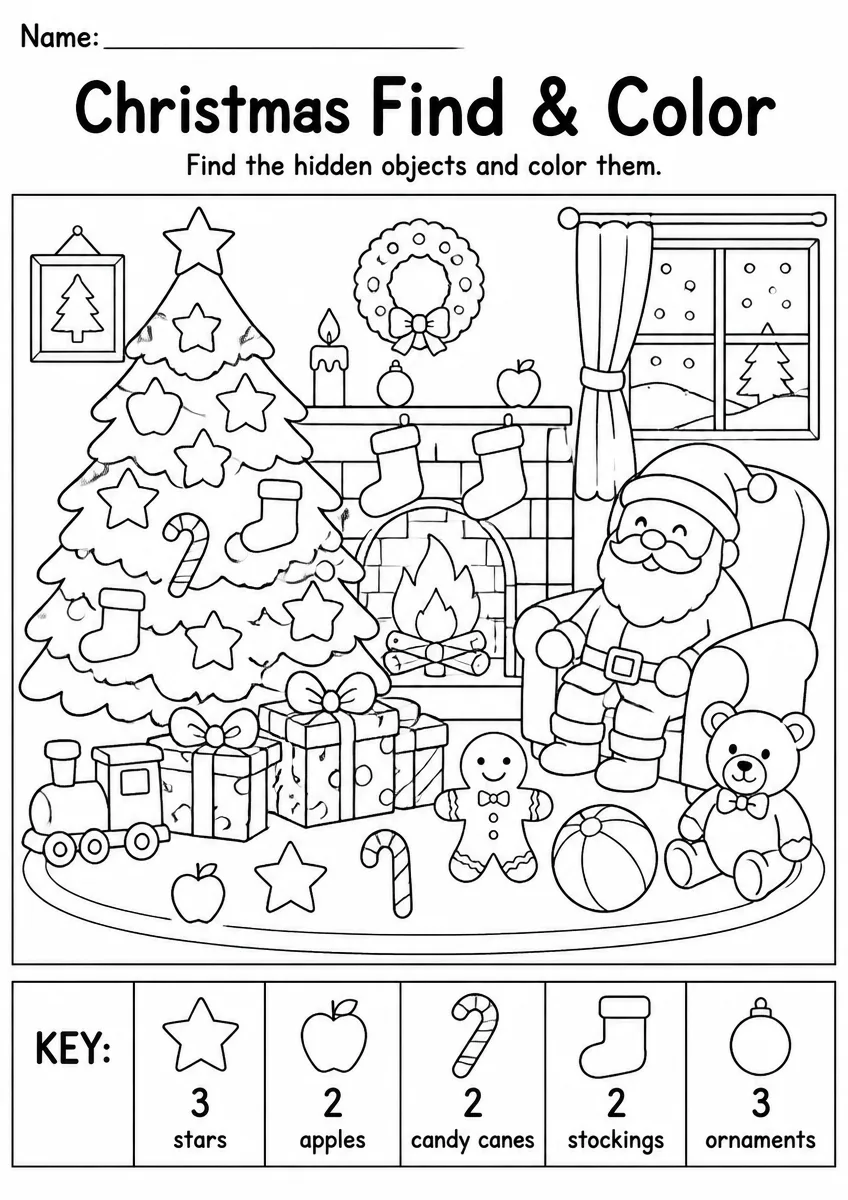 Christmas find & color worksheet for Kindergarten