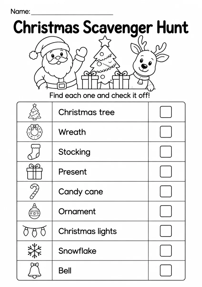Christmas scavenger hunt worksheet for Grade 2