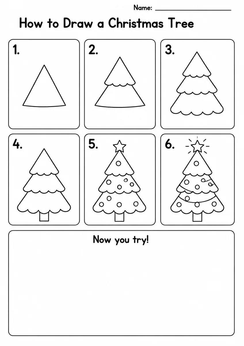 Christmas Tree step-by-step drawing worksheet for Grade 1