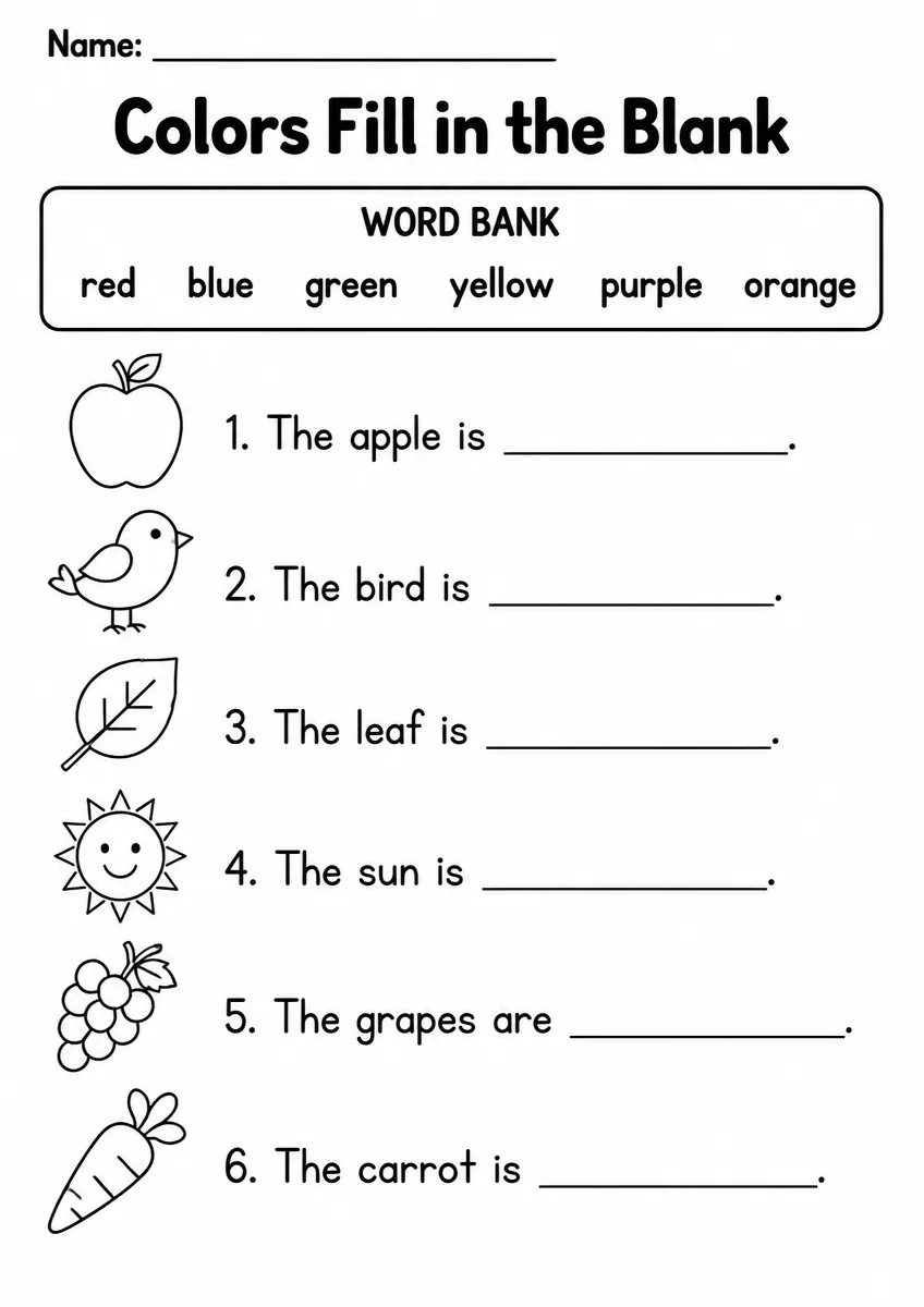 Colors fill in the blank worksheet for Grade 1