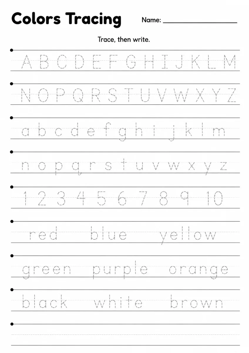 Colors tracing worksheet for Grade 1