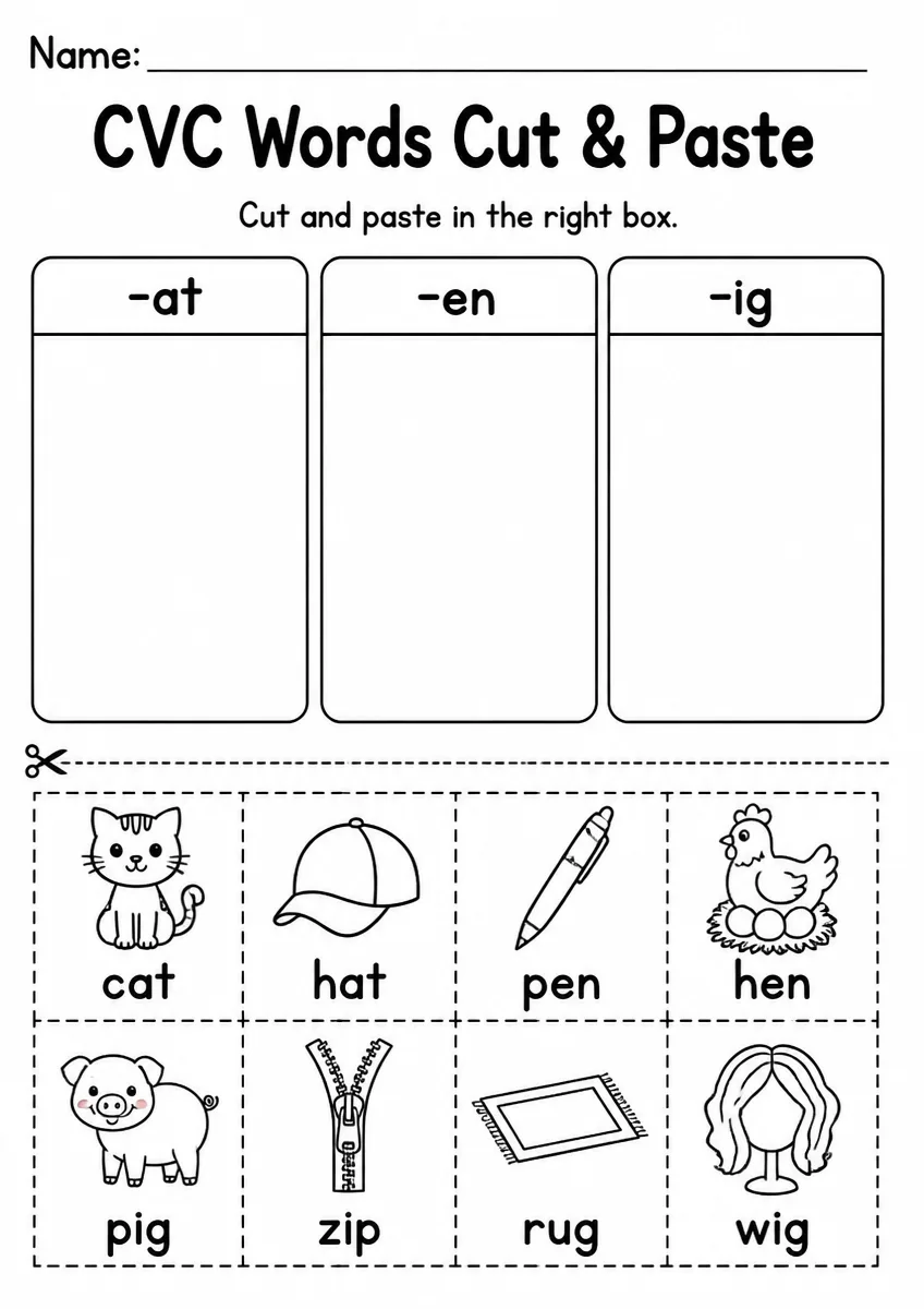 CVC Words Cut & Paste — Kindergarten