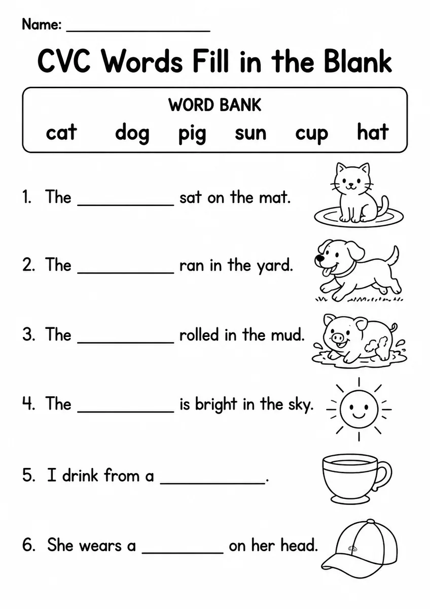 CVC Words fill in the blank worksheet for Kindergarten