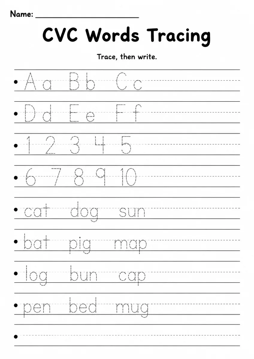 CVC Words tracing worksheet for Kindergarten