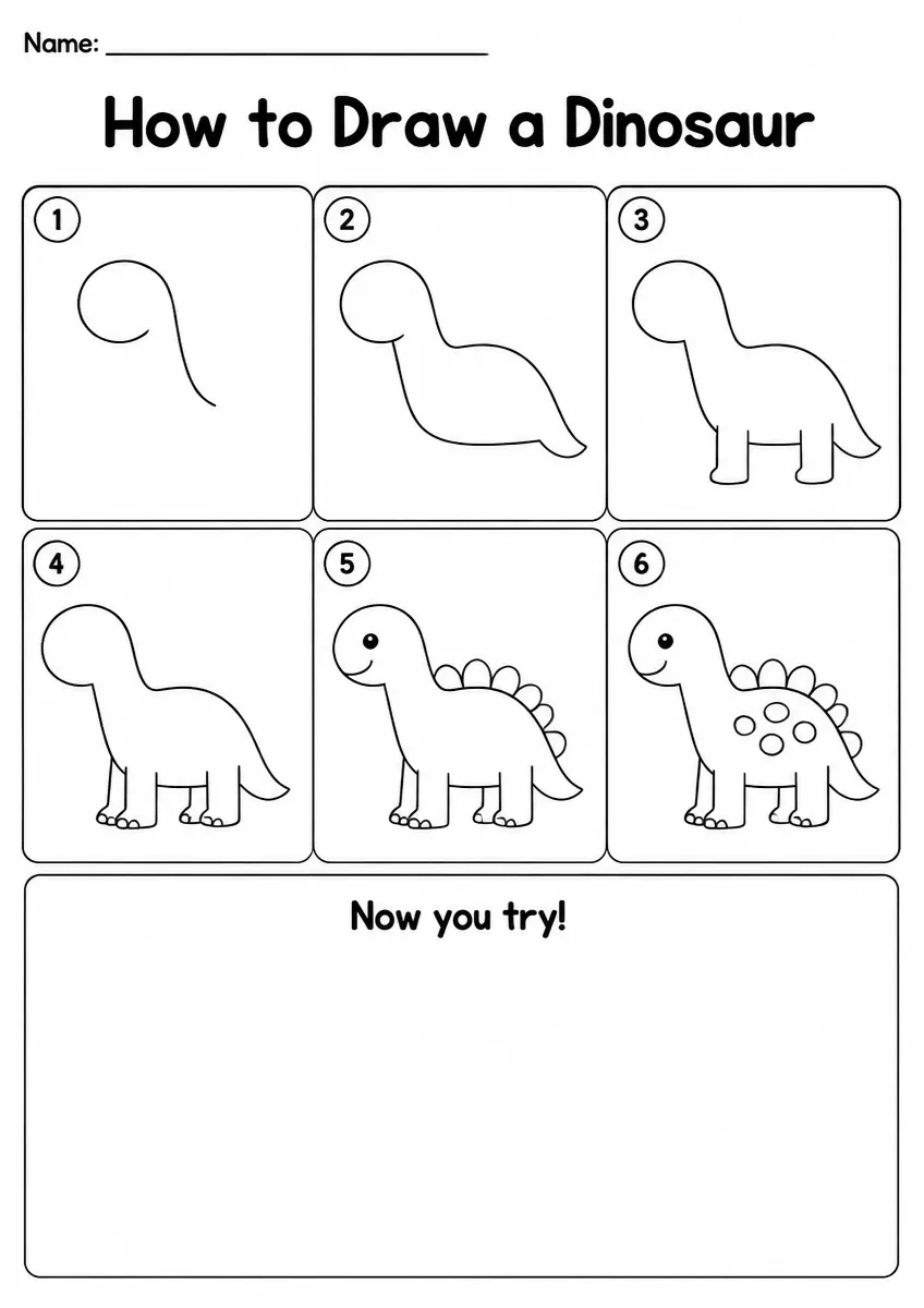 Dinosaur step-by-step drawing worksheet for Kindergarten