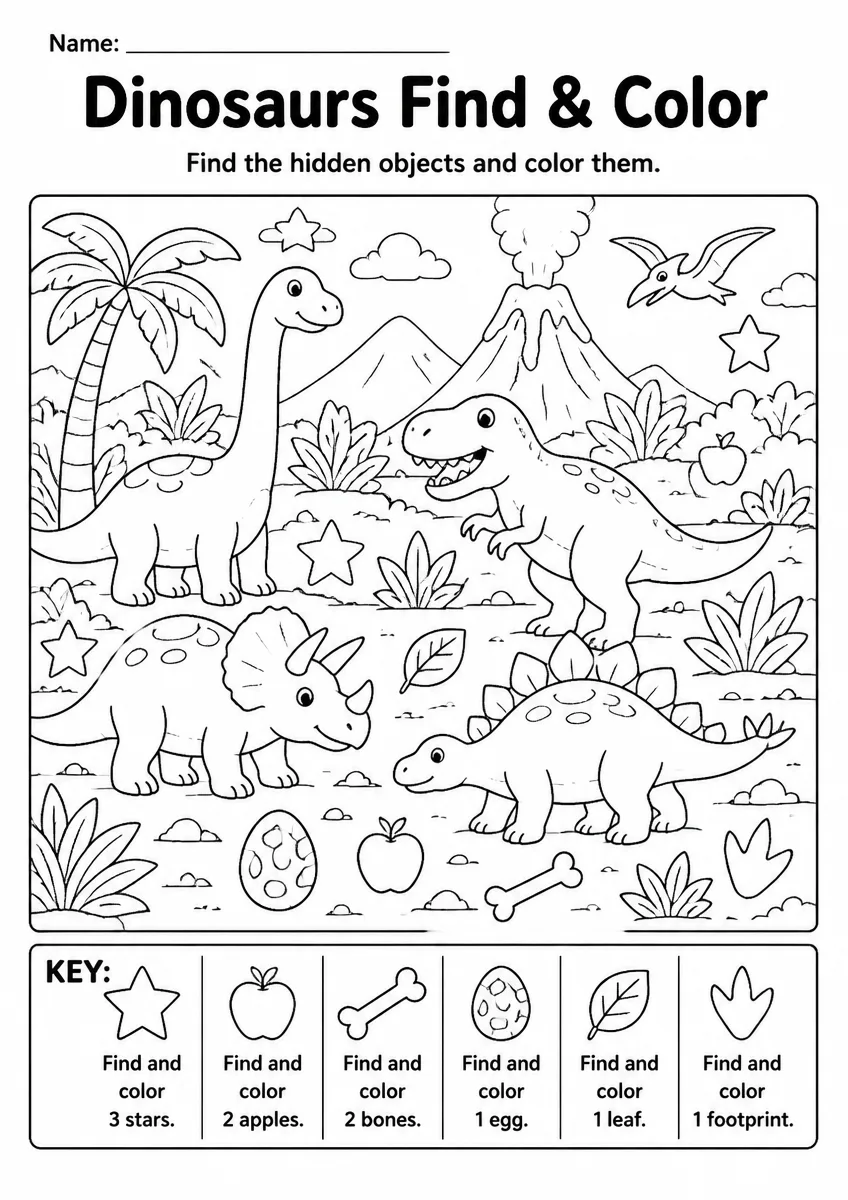Dinosaurs find & color worksheet for Grade 3