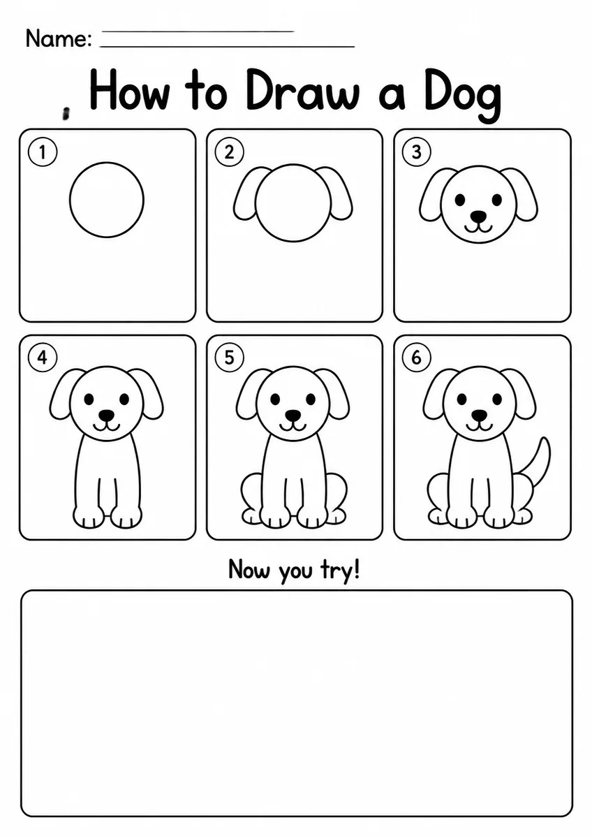 Dog step-by-step drawing worksheet for Grade 3