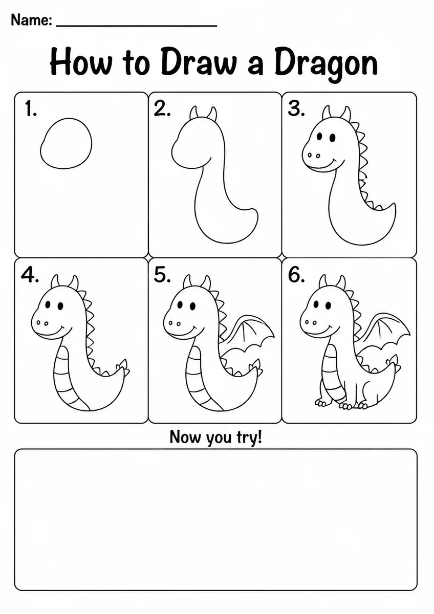 Dragon step-by-step drawing worksheet for Kindergarten