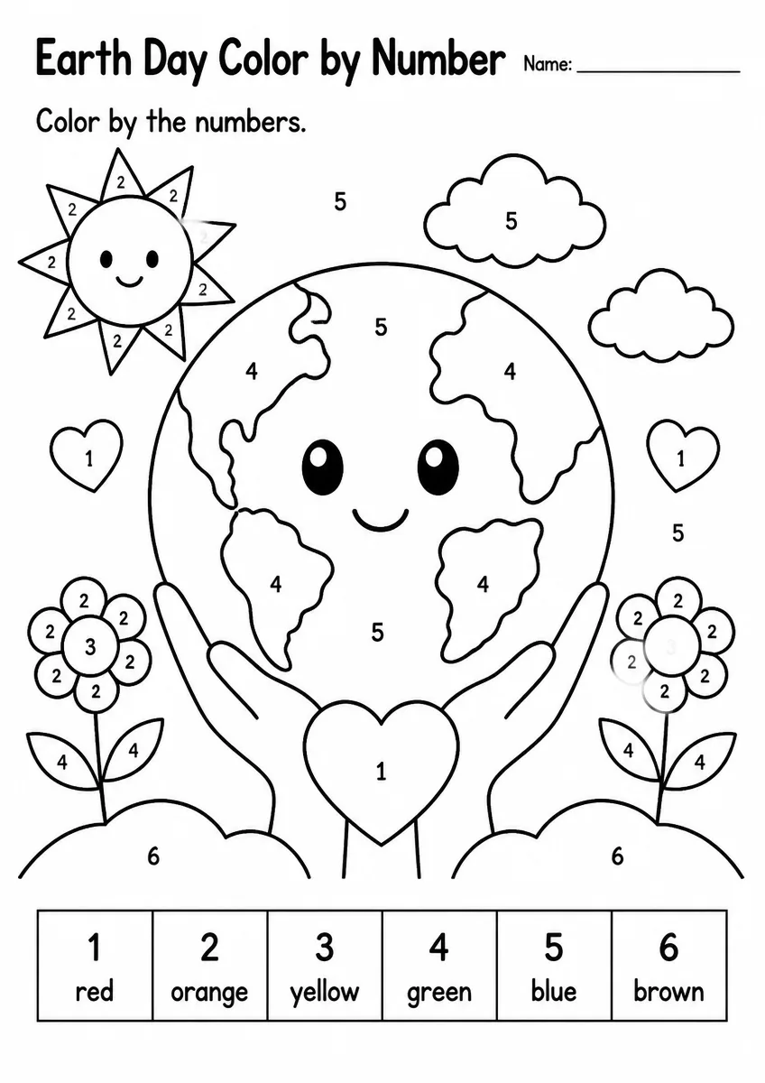 Earth Day color by number worksheet for Kindergarten