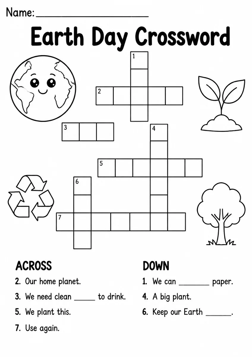 Earth Day crossword worksheet for Kindergarten