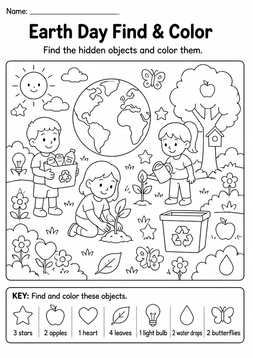 Earth Day find & color worksheet for Kindergarten
