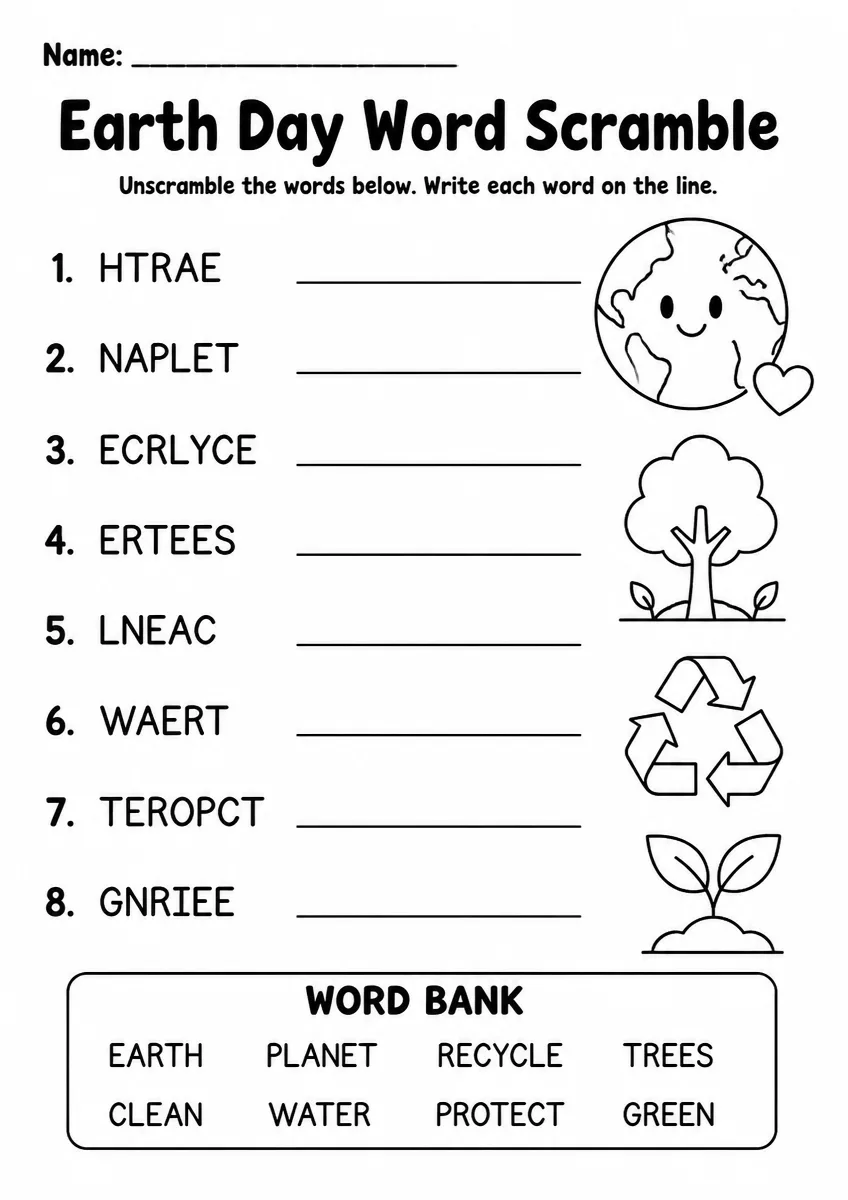 Earth Day word scramble worksheet for Kindergarten