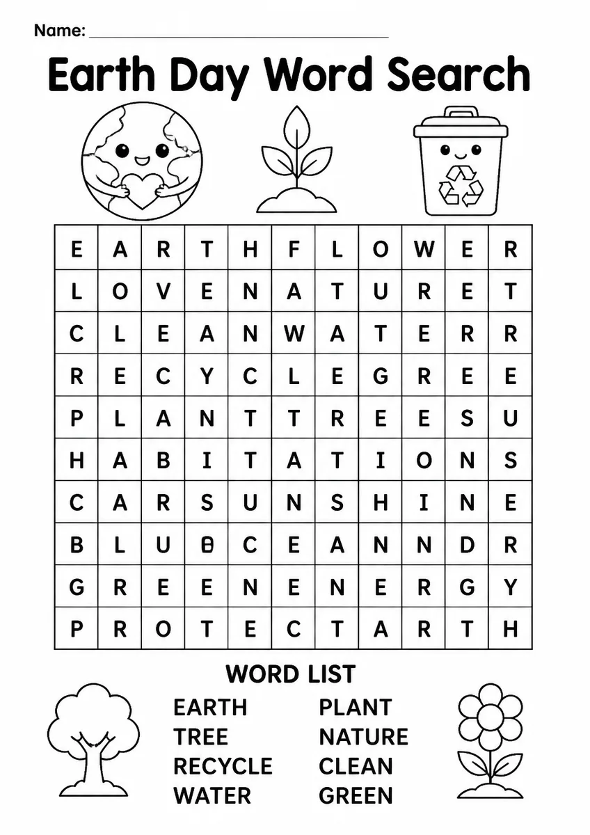 Earth Day word search worksheet for Kindergarten
