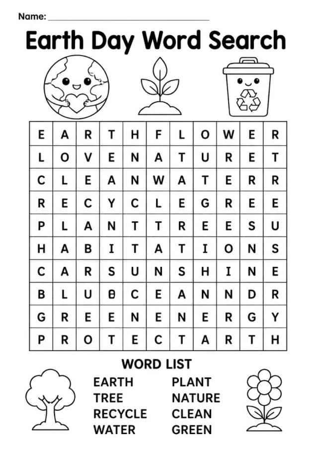 Earth Day Word Search — Kindergarten