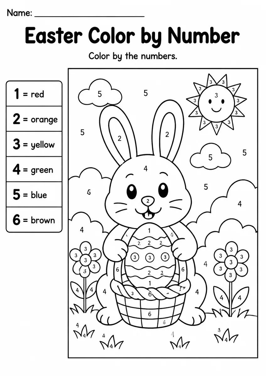 Easter color by number worksheet for Kindergarten