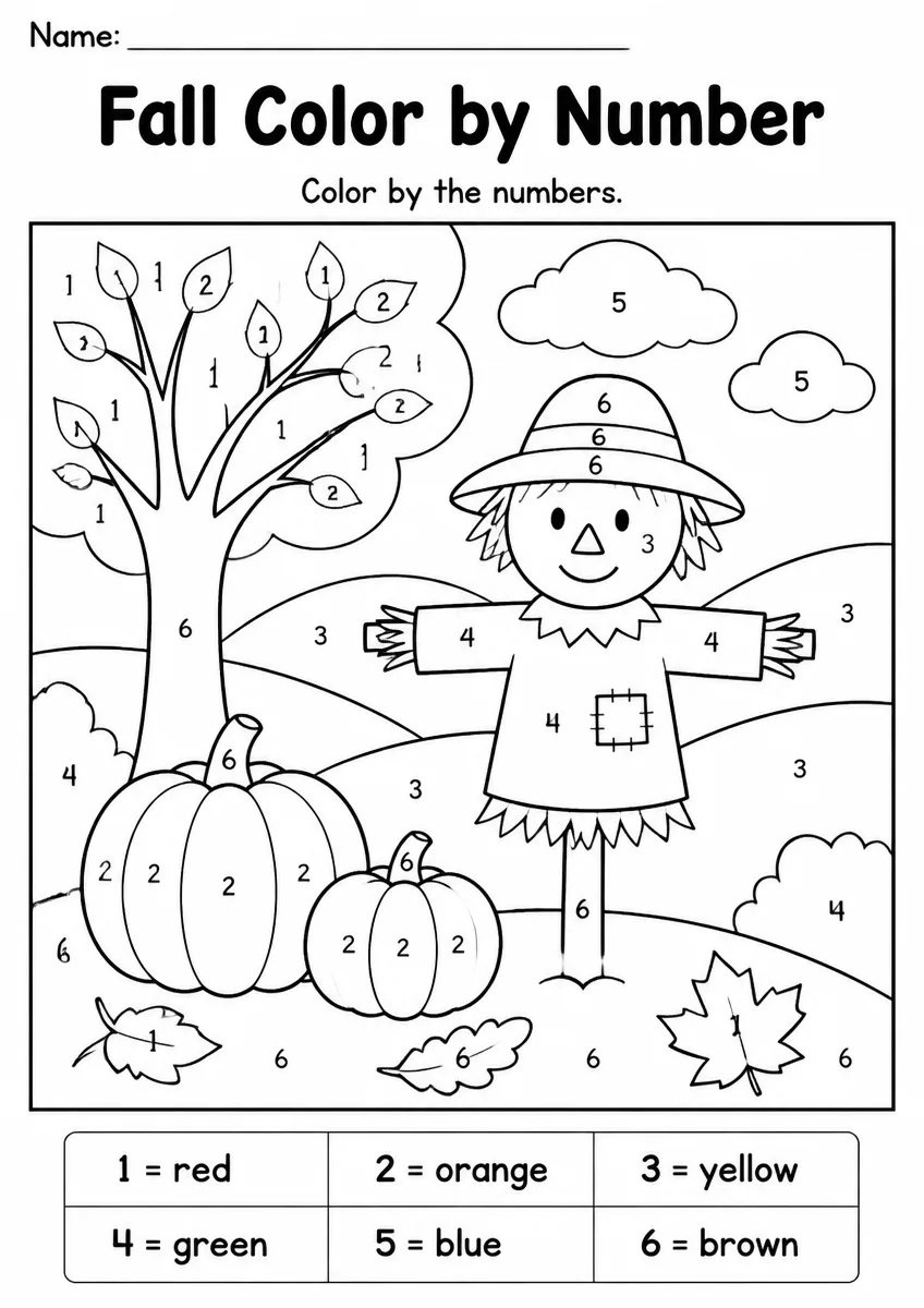 Fall color by number worksheet for Grade 2