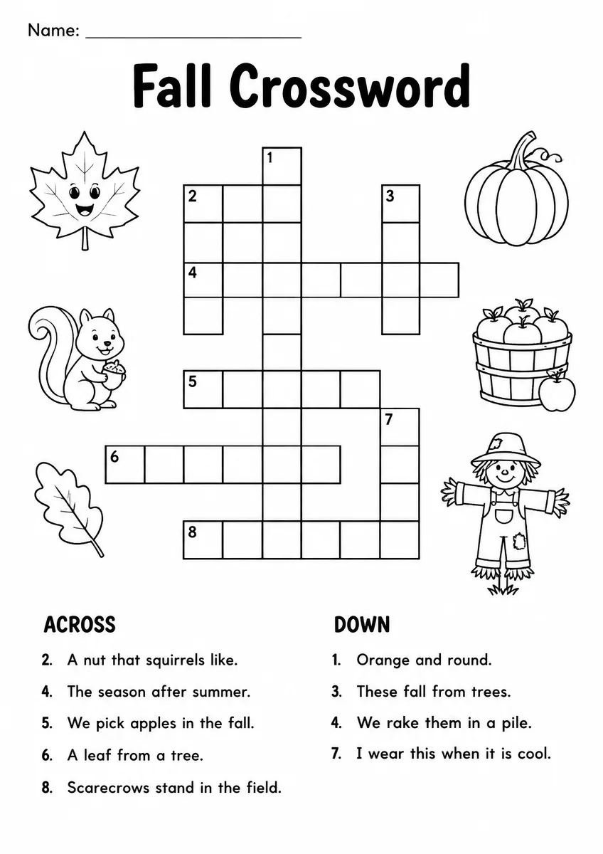 Fall crossword worksheet for Grade 2