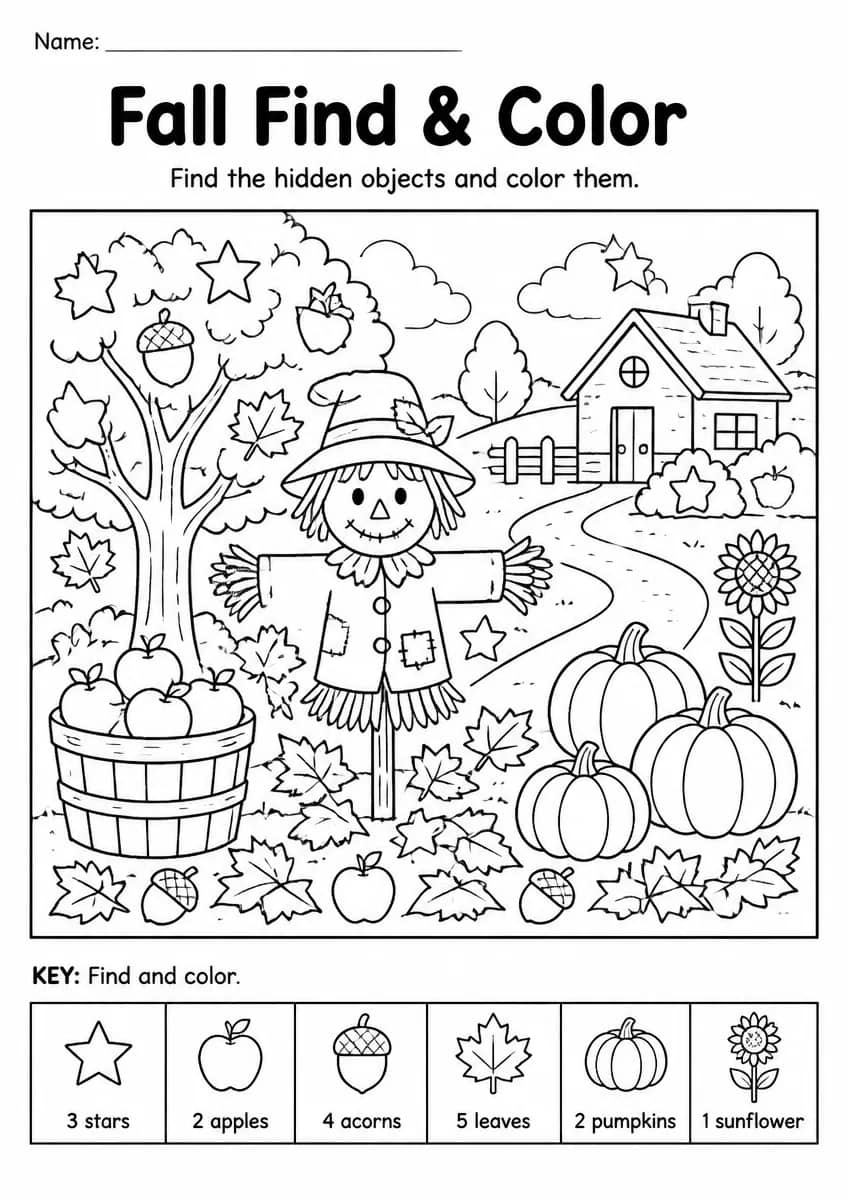 Fall find & color worksheet for Grade 2