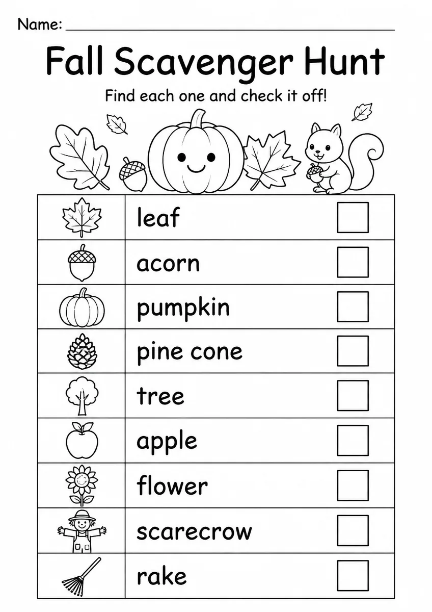 Fall scavenger hunt worksheet for Kindergarten
